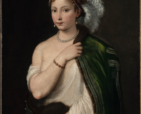 Giovane donna con cappello piumato, Tiziano 1534-36 circa, olio su tela, San Pietroburgo, Hermitage