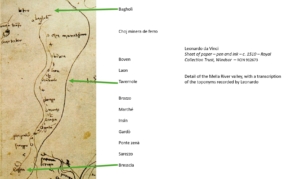 Leonardo da Vinci - Sheet of paper – pen and ink – c. 1510 – Royal Collection Trust, Windsor – RCIN 912673 Detail of the Mella River valley, with a transcription of the toponyms recorded by Leonardo